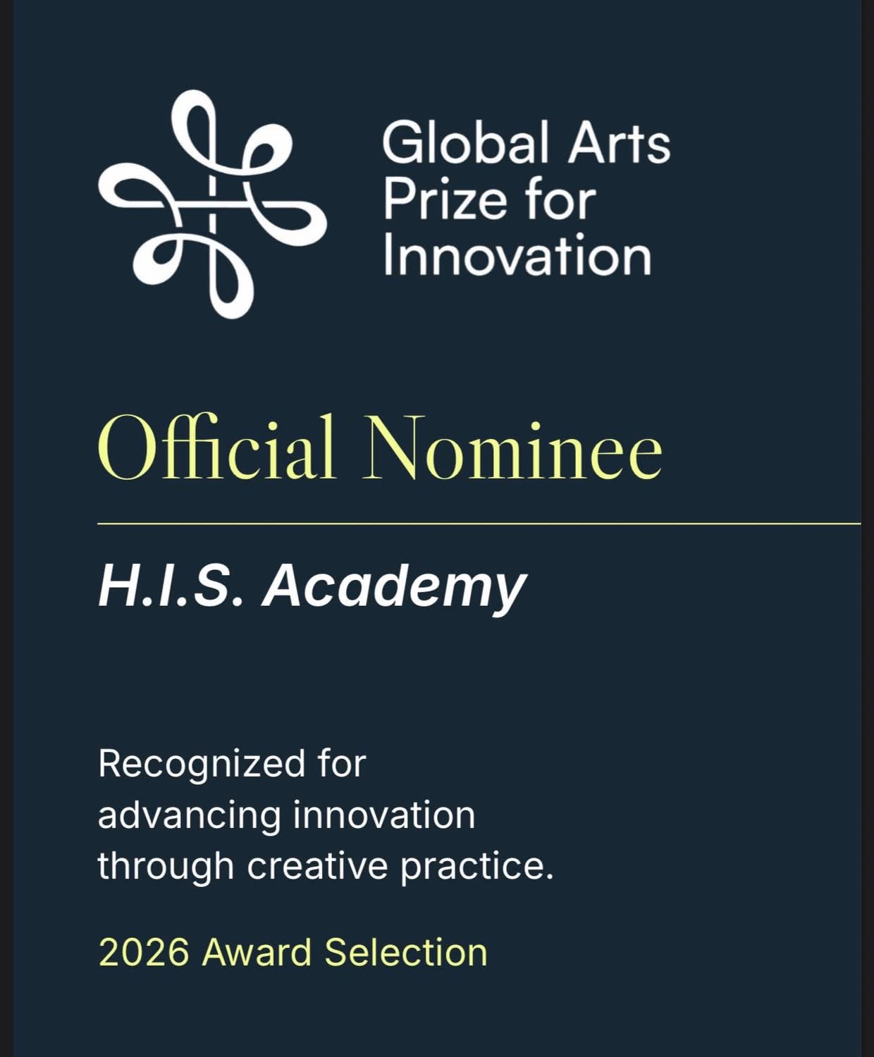 H.I.S. Academy — 2026 Global Arts Prize for Innovation Official Nominee